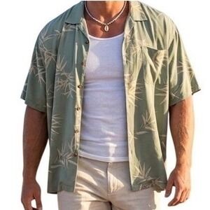 Tommy Bahama Mens XXL Silk Bamboo Print Camp Shirt Sage Green Short Sleeve